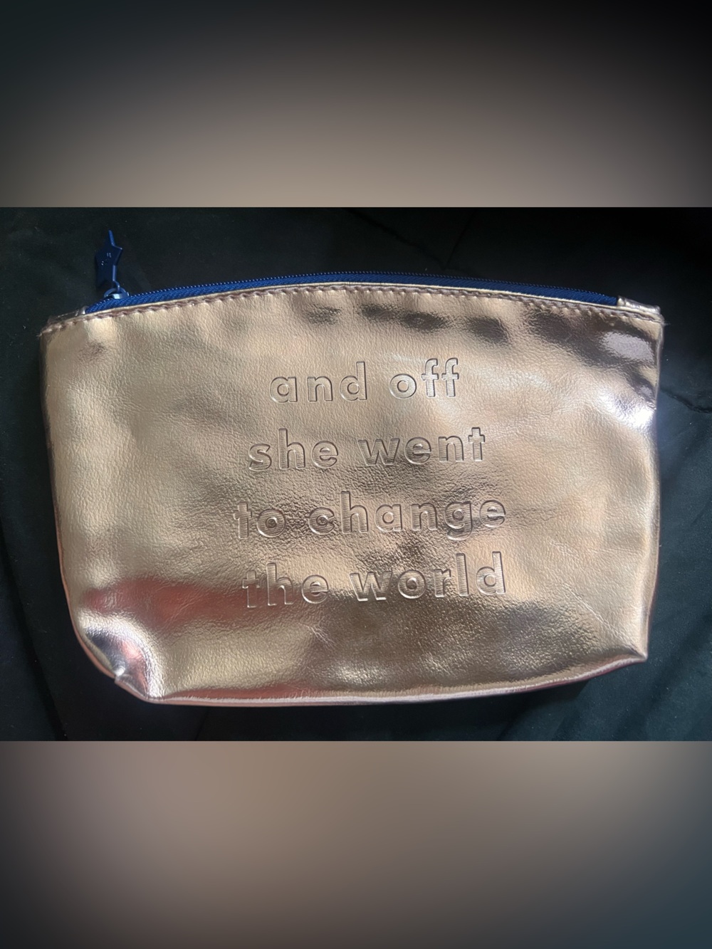 ipsy Metallic Rose Gold Cosmetic Pouch with Blue Zipper